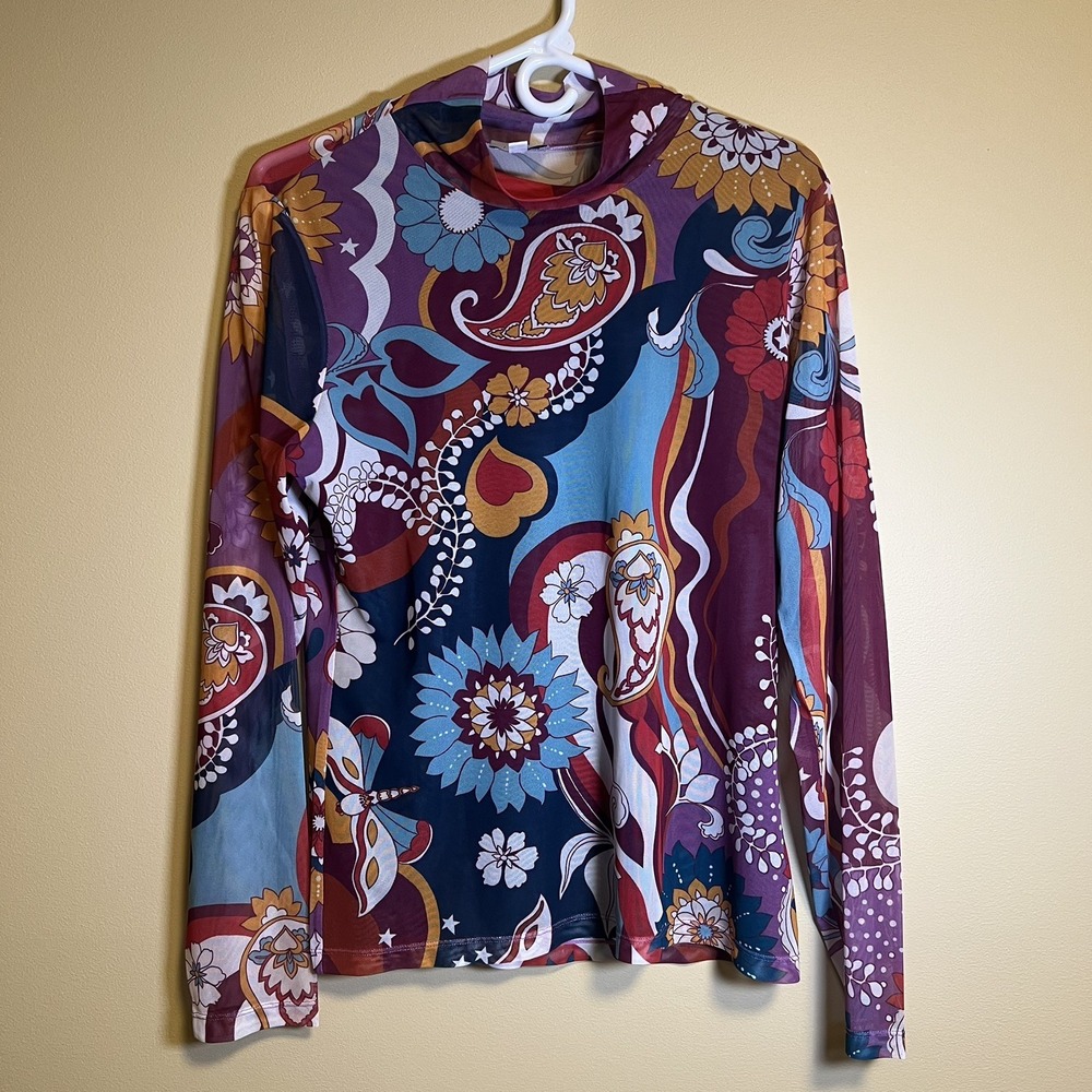 JOHNNY WAS JADE Sheer Mesh Rebecca Mock Neck Paisley Tee Top Size XL Y2K Boho